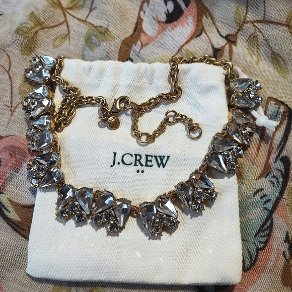J. Crew Round Teardrop Crystal Clear Rhinestones Oxidized Brass Necklace Bride - Picture 6 of 10